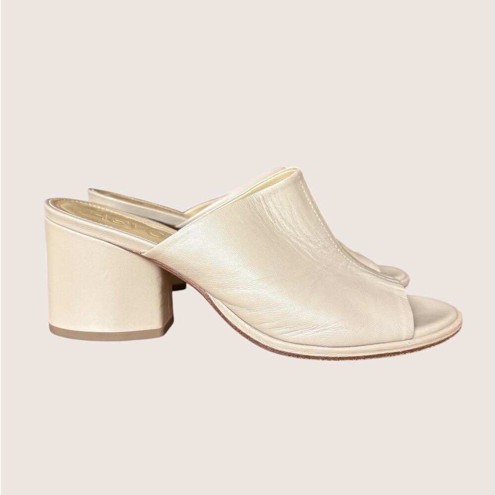 Aedye Amanda Beige Leather Block Heel Open Toe Slides Minimalist Neutral size 7